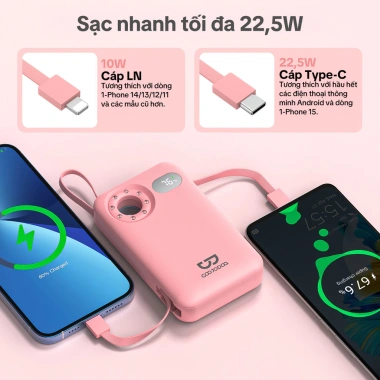 Pin dự phòng GOOJODOQ 10.000mAh có dây - Phát hiện camera, di động, sạc Type-C 5