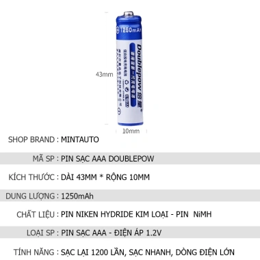 Pin sạc AAA 1.250mAh Doublepow - Dung lượng cao, sạc lại 1.200 lần an toàn, chính hãng