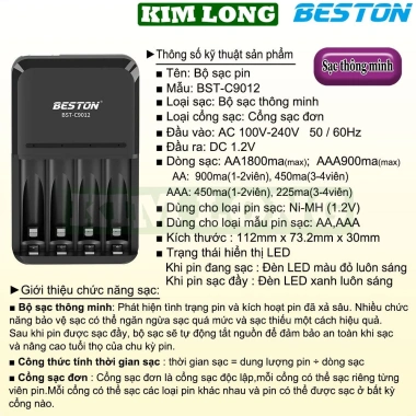 Pin sạc BESTON BST-C9.012 AA 3.300mAh + AAA 1.300mAh 1.2V - Giá ưu đãi 59.000 VND 2