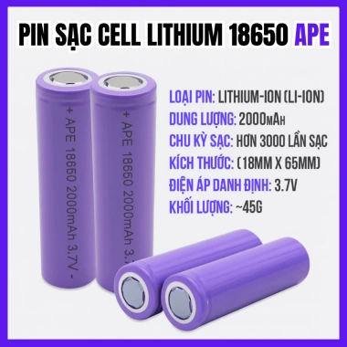 Pin sạc Cell APE Lithium 18.650 2.000mAh 3.7V - Dùng cho đèn pin, quạt mini, sạc dự phòng, giá ưu đãi 58.500 VND