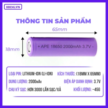 Pin sạc Cell APE Lithium 18.650 2.000mAh 3.7V - Dùng cho đèn pin, quạt mini, sạc dự phòng, giá ưu đãi 58.500 VND 2