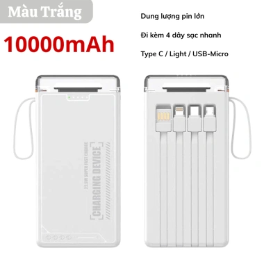 Pin Sạc Dự Phòng 10.000mAh Có Quà Tặng 4 Dây Sạc Nhanh, Màn Hình LED Đèn Pin