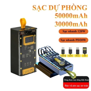 Pin sạc dự phòng 30.000-50.000mAh trong suốt PD120W/20W, 4 dây sạc đèn LED PLMALL 2