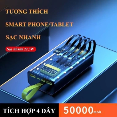 Pin sạc dự phòng 30.000‑50.000mAh trong suốt, sạc nhanh PD 22.5W, 4 dây + đèn LED – 329.000₫ 4
