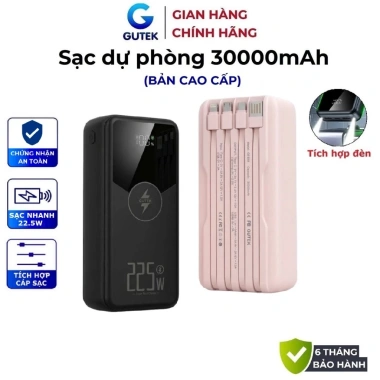 Pin sạc dự phòng 30.000mAh Gutek GT239 - Sạc nhanh 22.5W tích hợp dây cáp, 269.000₫