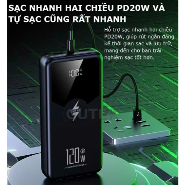 Pin sạc dự phòng 30.000mAh Gutek GT239: Sạc nhanh 22.5W/120W, dây cắm điện thoại, 269.000₫ 6