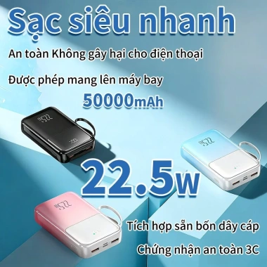Pin sạc dự phòng 50.000mAh bộ sạc nhanh 22.5W 4 cáp tích hợp đa màu giá 299.999₫