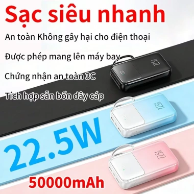 Pin sạc dự phòng 50.000mAh bộ sạc nhanh 22.5W 4 cáp tích hợp đa màu giá 299.999₫