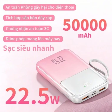 Pin sạc dự phòng 50.000mAh bộ sạc nhanh 22.5W 4 cáp tích hợp đa màu giá 299.999₫ 8 Pin sạc dự phòng 50.000mAh bộ sạc nhanh 22.5W 4 cáp tích hợp đa màu giá 299.999₫ 8