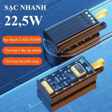 Pin sạc dự phòng 50.000mAh trong suốt, sạc nhanh PD 22.5W/20W, 4 dây sạc tích hợp - Giá 329.000 VND 4 Pin sạc dự phòng 50.000mAh trong suốt, sạc nhanh PD 22.5W/20W, 4 dây sạc tích hợp - Giá 329.000 VND 4
