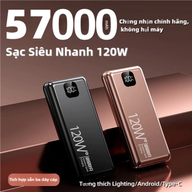 Pin sạc dự phòng 57.000mAh Siêu Nhanh 120W kèm 3 dây cáp, tương thích đa điện thoại Pin sạc dự phòng 57.000mAh Siêu Nhanh 120W kèm 3 dây cáp, tương thích đa điện thoại