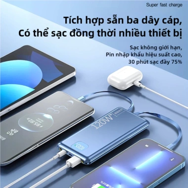 Pin sạc dự phòng 57.000mAh Siêu Nhanh 120W kèm 3 dây cáp, tương thích đa điện thoại 5