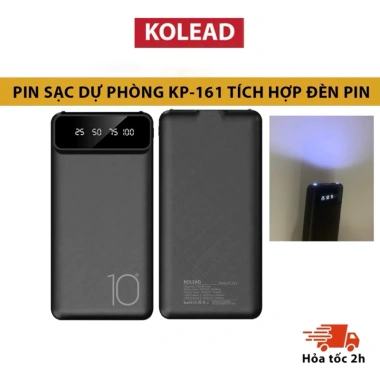 Pin sạc dự phòng KOLEAD KP161 10.000mAh mỏng, đèn pin sáng mạnh, hiển thị pin