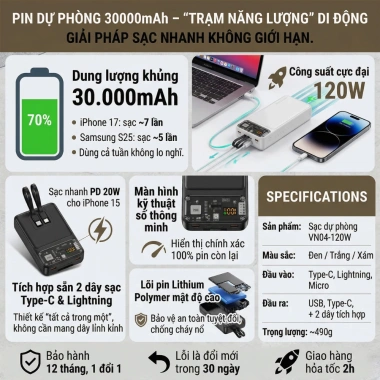 Pin sạc dự phòng LED 30.000mAh 100W PD20W, sạc nhanh 2 dây, đa thiết bị, chỉ 380k 2