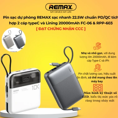 Pin sạc dự phòng REMAX 20.000mAh FC-06 RPP-603, sạc nhanh 22.5W, tích hợp 2 cáp TypeC, Lining, đạt CCC - gia chi 439.000 VND