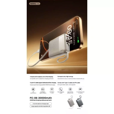 Pin sạc dự phòng REMAX 20.000mAh FC-06 RPP-603, sạc nhanh 22.5W, tích hợp 2 cáp TypeC, Lining, đạt CCC - gia chi 439.000 VND