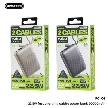 Pin sạc dự phòng REMAX 20.000mAh FC-06 RPP-603, sạc nhanh 22.5W, tích hợp 2 cáp TypeC, Lining, đạt CCC - gia chi 439.000 VND