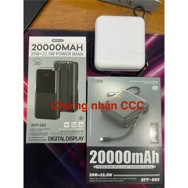 Pin sạc dự phòng REMAX RPP-603 20.000mAh 2 cáp nhanh cho iPhone & Android 20W PD+22.5W QC - Giá ưu đãi 385k