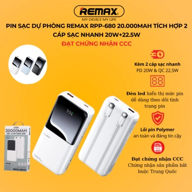 Pin sạc dự phòng REMAX RPP-680 20.000mAh, 2 cáp nhanh 20W/22.5W, CCC, giảm còn 329.000₫