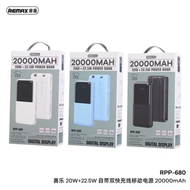 Pin sạc dự phòng REMAX RPP-680 20.000mAh, 2 cáp nhanh 20W/22.5W, CCC, giảm còn 329.000₫ 5 Pin sạc dự phòng REMAX RPP-680 20.000mAh, 2 cáp nhanh 20W/22.5W, CCC, giảm còn 329.000₫ 5