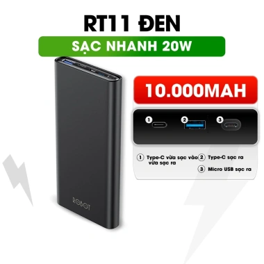 Pin sạc dự phòng ROBOT RT11 10.000mAh sạc nhanh 20W chính hãng bảo hành 12 tháng - 289.000₫