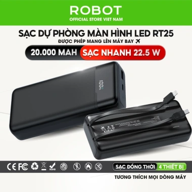 Pin sạc dự phòng RT25 20.000mAh sạc nhanh 22.5W ROBOT kèm cáp - Giá ưu đãi 469.000đ