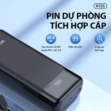 Pin sạc dự phòng RT25 20.000mAh sạc nhanh 22.5W ROBOT kèm cáp - Giá ưu đãi 469.000đ