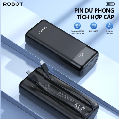 Pin sạc dự phòng RT25 20.000mAh sạc nhanh 22.5W ROBOT kèm cáp - Giá ưu đãi 469.000đ