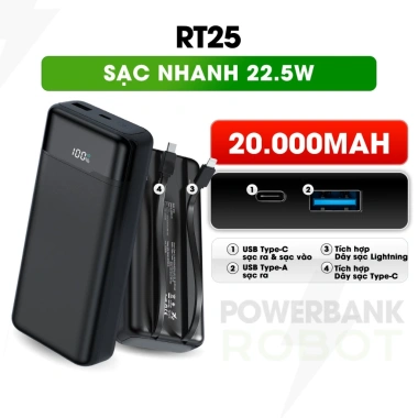 Pin sạc dự phòng RT25 20.000mAh sạc nhanh 22.5W ROBOT kèm cáp - Giá ưu đãi 469.000đ