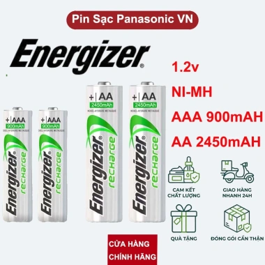 Pin sạc Energizer Ni‑MH USA bộ 4 AA/AAA 2.450mAh‑900mAh kèm sạc 4 khe, dung lượng cao, bền bỉ