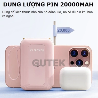 Pin sạc Gutek GT18 20.000mAh sạc nhanh 20W nhỏ gọn kèm dây cho điện thoại - Giá 150k 6