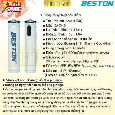 Pin sạc Li-ion 1.5V BESTON AA 2AC-60/3AC-18, AA 2.200mWh, AAA 600mWh - 55.999 VND
