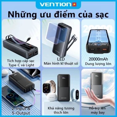 Power Bank Vention 20.000mAh PD 22.5W - Sạc nhanh Type-C, Tương thích iPhone, Xiaomi, Huawei, Samsung - BH 12 tháng 2