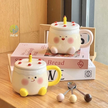 Quà sinh nhật bé gái - Cốc gốm nến dễ thương, có nắp thìa, hộp quà lưu niệm, giá trị cao