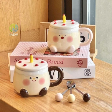 Quà sinh nhật bé gái - Cốc gốm nến dễ thương, có nắp thìa, hộp quà lưu niệm, giá trị cao