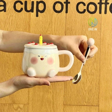 Quà sinh nhật bé gái - Cốc gốm nến dễ thương, có nắp thìa, hộp quà lưu niệm, giá trị cao