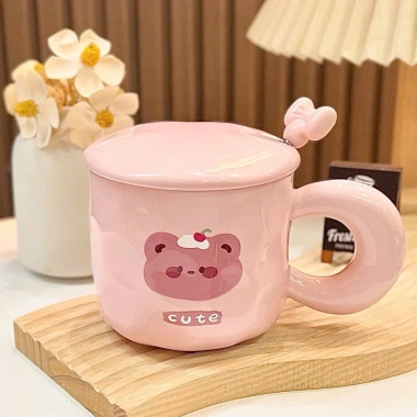 Quà tặng cốc sứ 420ml nắp + muỗng cao cấp, set túi hoạ tiết hoạt hình - 140.000 VND 5