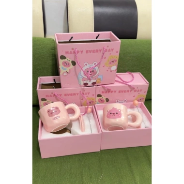 Quà tặng cốc sứ 420ml nắp + muỗng cao cấp, set túi hoạ tiết hoạt hình - 140.000 VND 7
