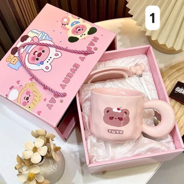 Quà tặng cốc sứ 420ml nắp + muỗng cao cấp, set túi hoạ tiết hoạt hình - 140.000 VND 9