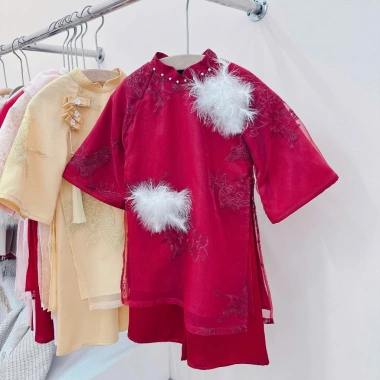 Quần áo trẻ em Tiểu Yến KID AD Tết tơ vàng 4 tà thêu hạc, vải đỏ thêu hoa, lông, giảm còn 349.000đ 8