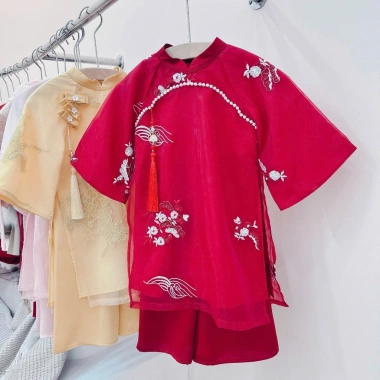 Quần áo trẻ em Tiểu Yến KID AD Tết tơ vàng 4 tà thêu hạc, vải đỏ thêu hoa, lông, giảm còn 349.000đ 10