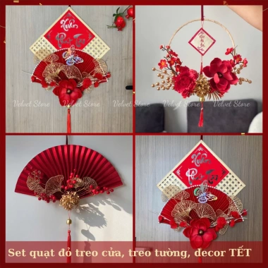 Quạt kim tuyến đỏ 50cm VELVET treo cửa decor tết sang trọng, xinh xắn