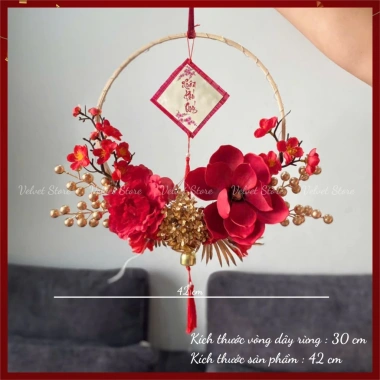 Quạt kim tuyến đỏ 50cm VELVET treo cửa decor tết sang trọng, xinh xắn
