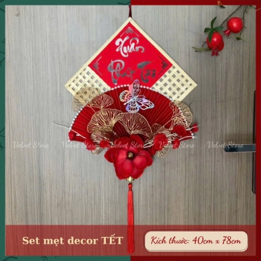 Quạt kim tuyến đỏ 50cm VELVET treo cửa decor tết sang trọng, xinh xắn