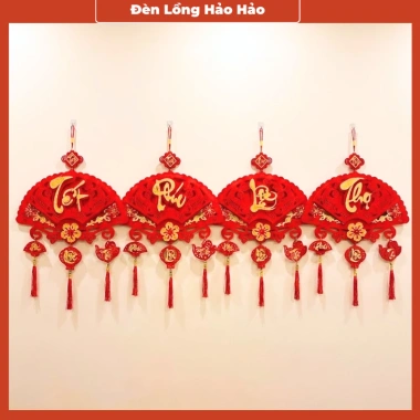 Quạt Nỉ Nhung 2 Tầng 3 Đuôi Phúc Lộc Thọ Tết - Đỏ Vàng Sang Trọng Giá 55k