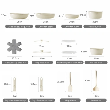 Redchef Bộ Dụng Cụ Nấu Ăn Đá Gốm Chống Dính 16 Món Tay Cầm Tháo Rời PTFE PFOA