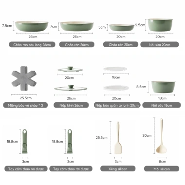 Redchef Bộ Dụng Cụ Nấu Ăn Đá Gốm Chống Dính 16 Món Tay Cầm Tháo Rời PTFE PFOA