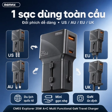REMAX CM03 Bộ sạc du lịch đa năng 2.500W+25W A+C - Sạc nhanh, an toàn, giá 262.000 VNĐ