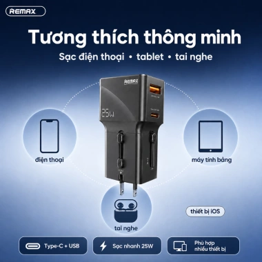 REMAX CM03 Bộ sạc du lịch đa năng 2.500W+25W A+C - Sạc nhanh, an toàn, giá 262.000 VNĐ