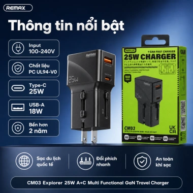 REMAX CM03 Bộ sạc du lịch đa năng 2.500W+25W A+C - Sạc nhanh, an toàn, giá 262.000 VNĐ